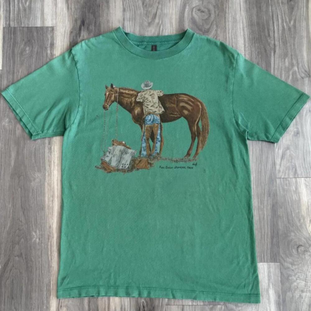 Green Cowboy Graphic Tee With Horse And Cowboy Design